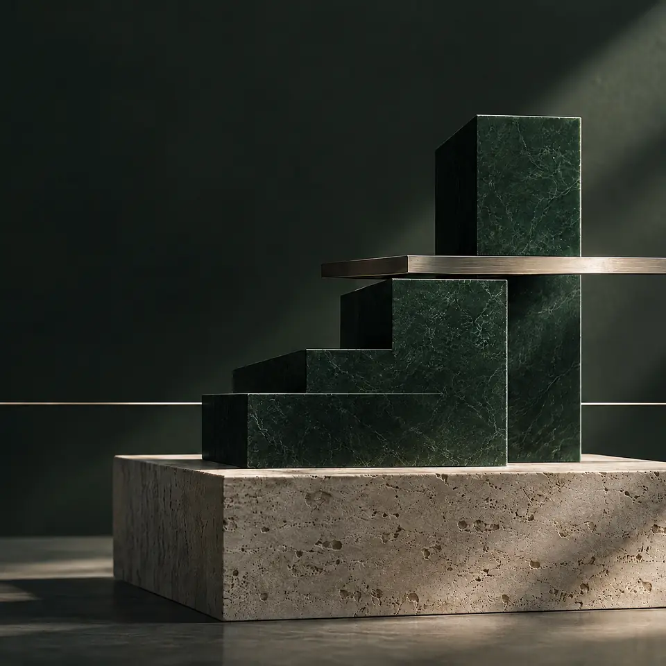 Stepped blocks of green marble on a travertine plinth, crossed by a brass shelf, in raking light against a dark green wall.
